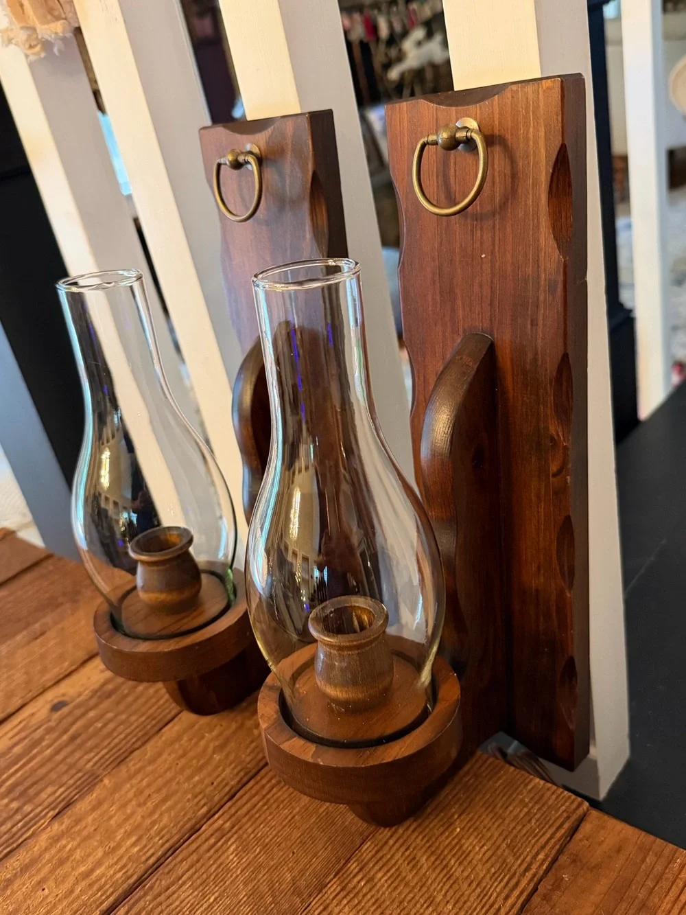 Pair of Rustic BOHO Farmhouse Candle Wall Sconces with Clear Glass Chimneys